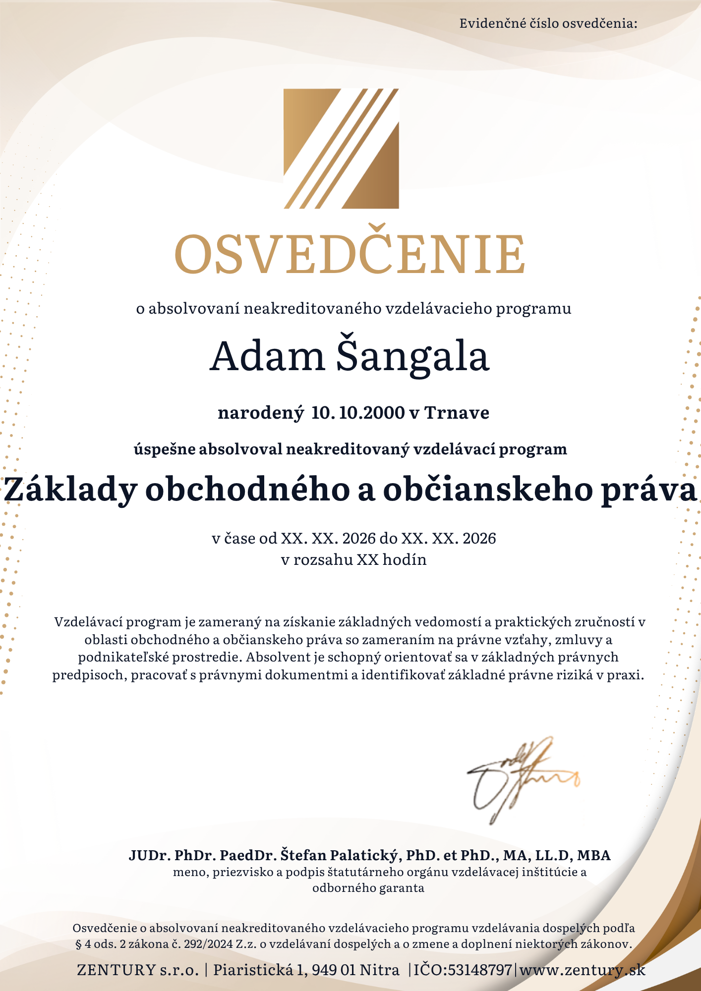 Náhľad vzoru osvedčenia ZENTURY